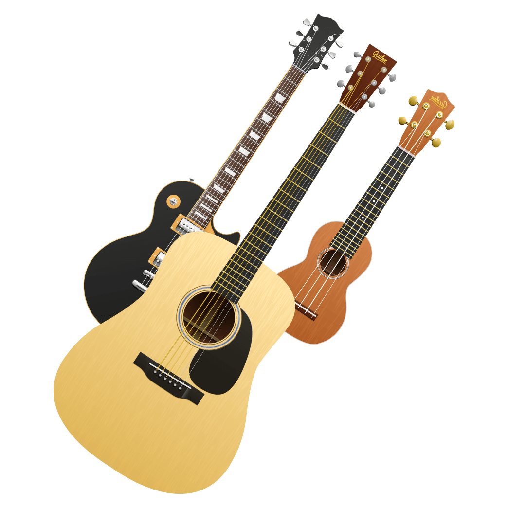 Electric guitar, acoustic guitar, and ukulele used in lessons